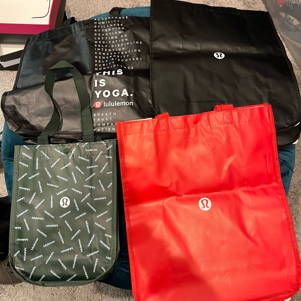 Set of 5 lululemon athletica Black, Red, and Green Tote Bags